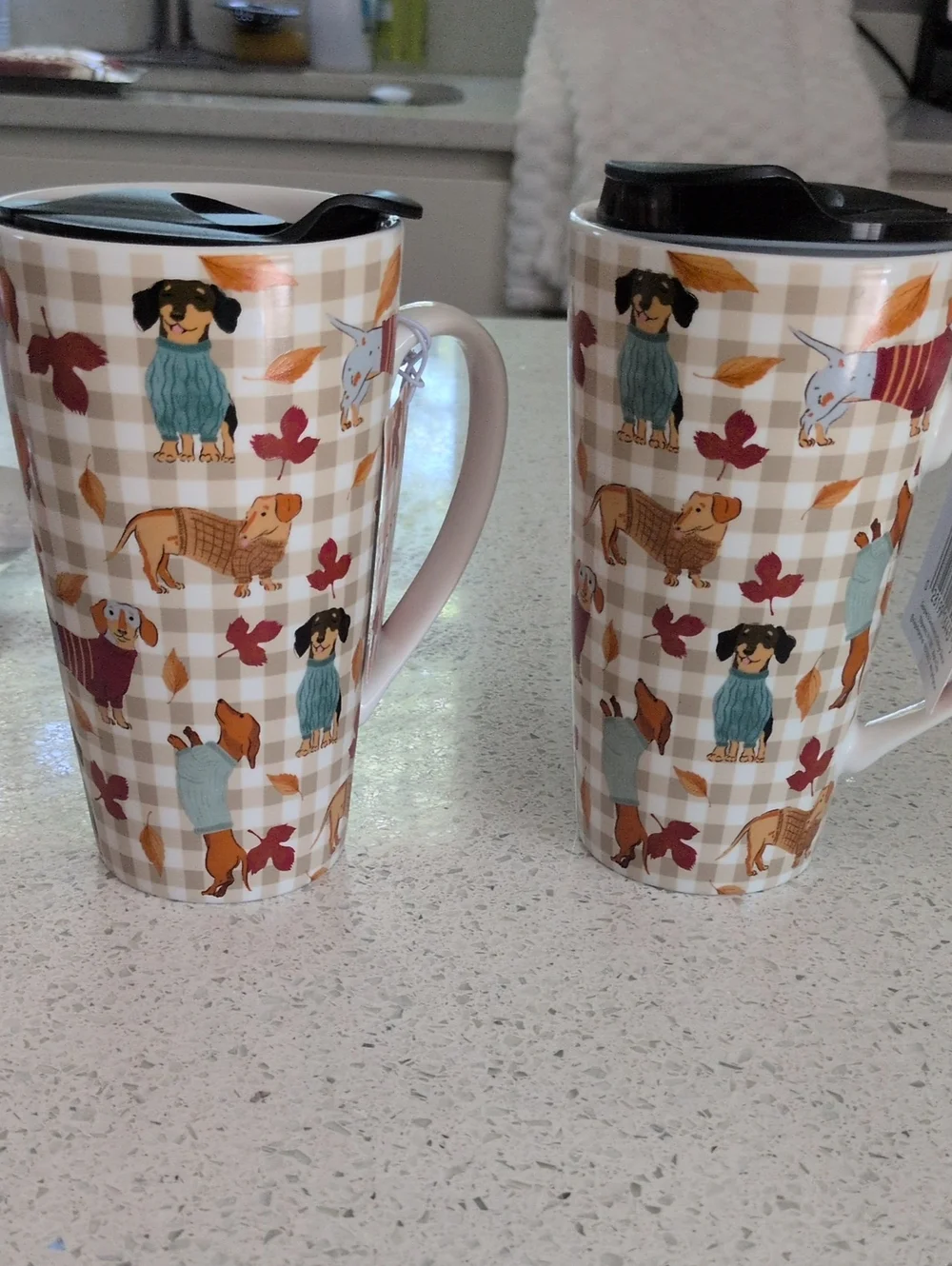 DACHSUND Travel Mug with Autumn Pattern Qty 2 Beige Plaid